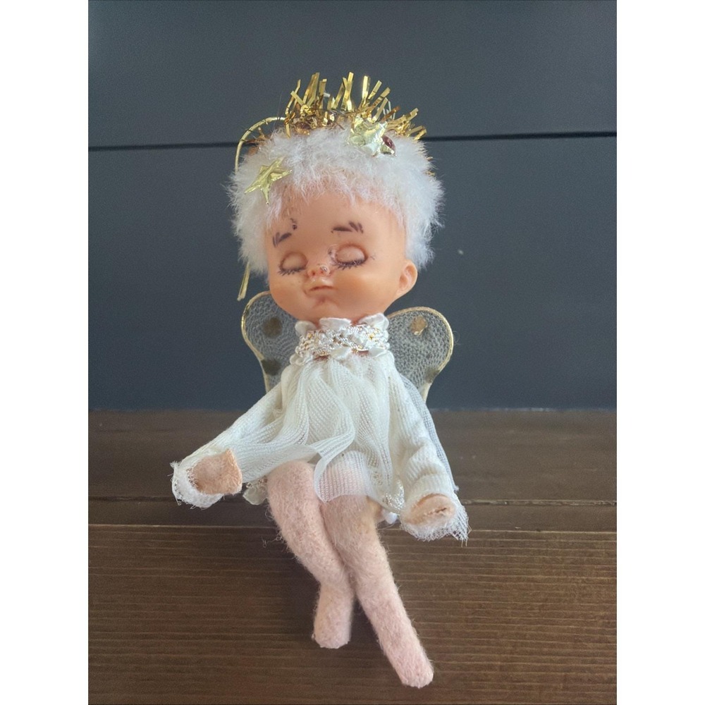 MCM Napco Pixie Angel " Knee Hugger" Ornament Tulle Wings Sleep Eyes Japan 50s